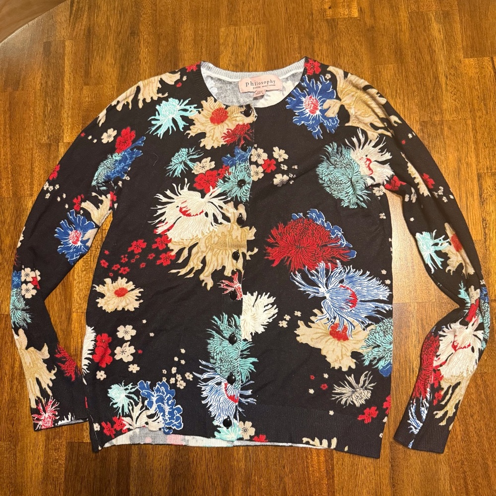 NWT Philosophy Apparel Button Front Crew Neck Cardigan (Petite)
BLACK/BLUE- XSP